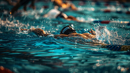 Top view of young swimmers training in clean blue water swimming pool. Open water training camp for olympics paris and olympics london triathlon competition.
