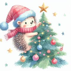 Obraz premium A cute hedgehog in a red hat and scarf decorates a Christmas tree with colorful ornaments.