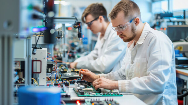 Electrical engineers working on circuit boards and testing equipment in a clean, well-organized lab
