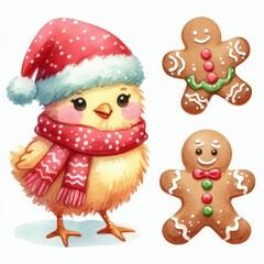 Fototapeta premium A cute little chick wearing a Santa hat and scarf next to two gingerbread men.