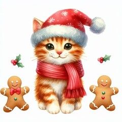 A cute orange tabby kitten wearing a Santa hat and scarf with gingerbread men on either side.