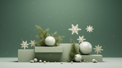 3D scene green podium with snow and christmas theme in green background