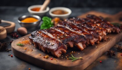 Grilled pork ribs on a cutting board with spices on a stone background