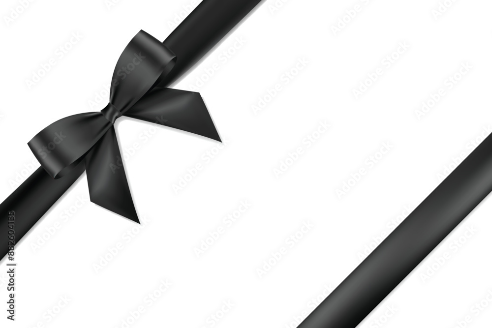 Poster black bow and ribbon realistic shiny satin place on corner of paper vector for decorate your invitat