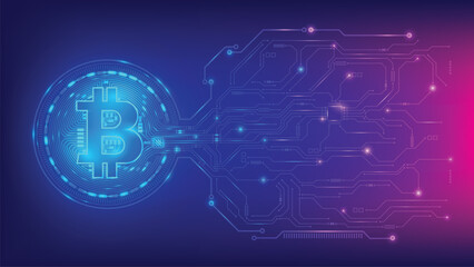 Bitcoin crypto currency futuristic digital money transfer on circuit board concept design,Finance token online digital electronic currency Systems vector illustration on dark blue and pink background.