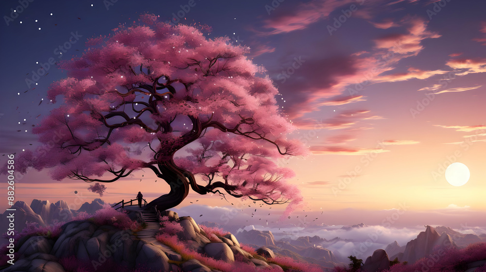 Wall mural Pink Blossom Tree on Mountaintop Illustration