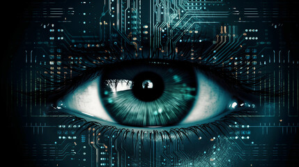 Futuristic eye design with digital patterns and glowing tech elements