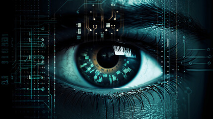 Futuristic digital eye illustration symbolizing technology and security with a blue tech interface design