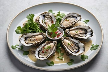 an overhead shot of a plate with steamed oysters, garnished with a few sprigs of cilantro and a light drizzle of sauce