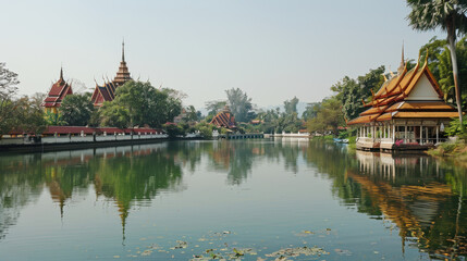 Obraz premium The beautiful Wat Chong Kham and Wat Chong Klang temples reflecting on the surface of the tranquil Chong Kham Lake