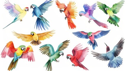 Fototapeta premium Vibrant Watercolor Bird Illustrations - Eagles, Parrots, Hummingbirds in Various Poses with Detailed Plumage