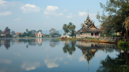 Fototapeta premium The beautiful Wat Chong Kham and Wat Chong Klang temples reflecting on the surface of the tranquil Chong Kham Lake
