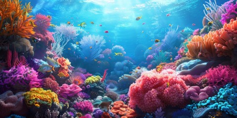 Abstract Healing Anime Wallpaper Featuring a Summer Blue Ocean with Minimalist Flat Illustration Style. Colorful Animated Coral Reef Landscape Underwater Visual Symphony, Blue Background, Symbolizing 