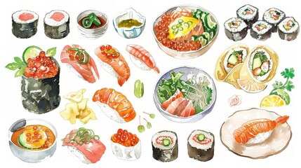 Vibrant Watercolor Illustrations of Exotic Foods - Sushi, Tacos, and Curry Dishes with Diverse Ingredients