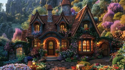 Charming fairy-tale cottage nestled among vibrant, blooming flowers and lush greenery, perfect for a fantasy setting or whimsical escape.