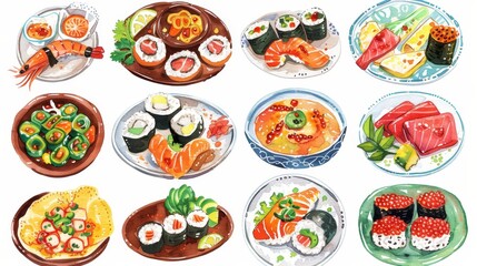 Colorful Watercolor Illustrations of Exotic Foods - Sushi, Tacos, Curry Dishes with Vibrant Ingredients