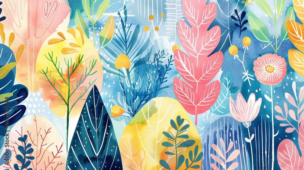 Wall mural Whimsical Watercolor Nature Patterns - Vibrant Abstract Illustrations of Leaves, Flowers, and Trees in Colorful Style