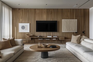 A living room with a large flat screen TV on the wall