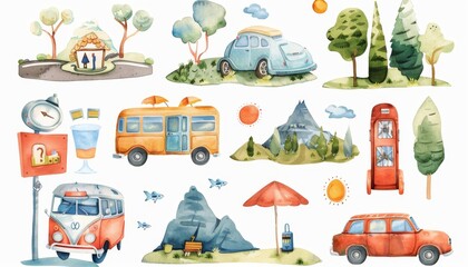 Obraz premium Vintage Car Road Trip Adventures - Watercolor Illustrations of Scenic Routes and Roadside Attractions
