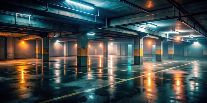 Dimly lit, wet, and hazy midnight basement parking area with atmospheric lights on sidewalls, evoking a sense of mystery and illicit nighttime activity.