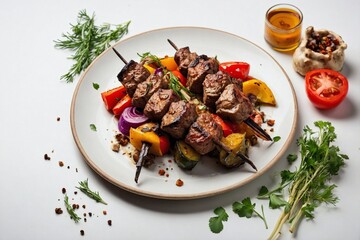 an overhead view of a plate with camel meat kebabs, garnished with a few pieces of grilled vegetables and herbs