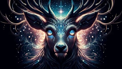 A close-up of a majestic, ethereal stag's glowing eyes reflecting the starry sky, with intricate, luminescent details and ethereal light.