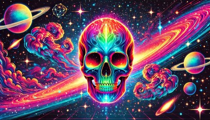 A neon skull character floating in space with colorful cosmic nebulae and stars in the background.