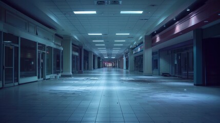 Eerie Atmosphere in Abandoned Shopping Mall with Empty Storefronts and Dimly Lit Corridors