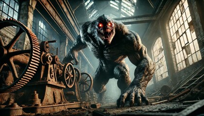 A menacing creature with glowing eyes prowls through an abandoned, dilapidated factory.