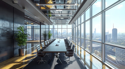 Modern office interior with sleek design and glass walls, showcasing a spacious, empty corridor and contemporary furniture in a business setting