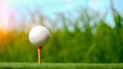 Golf clubs and golf balls on a green lawn in a beautiful golf course with morning sunshine.