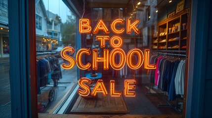 Neon sign in store window that reads “BACK TO SCHOOL SALE” - school supplies - retail - clothing - discounts - specials 