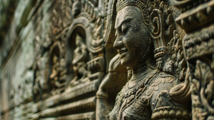 The intricate carvings and detailed bas-reliefs on the walls of Angkor Wat, showcasing ancient Khmer art.