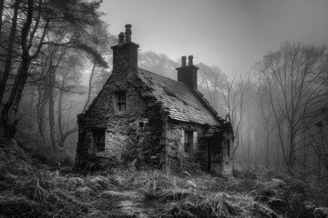 A small, old house with a lot of ivy growing on it