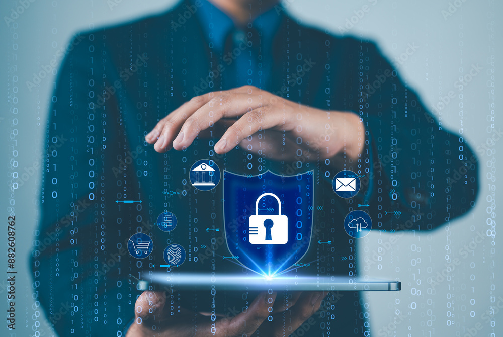 Poster Network security system. Personal Data information on Tablet.Information and cyber security Technology Services. Internet Technology.