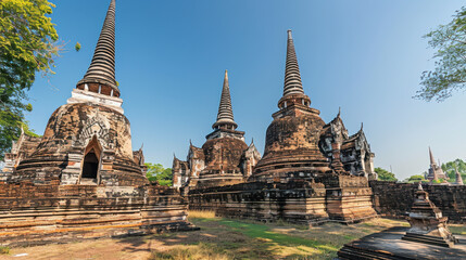 Fototapeta premium The majestic chedis of Wat Ban Den, each uniquely designed and beautifully adorned, standing tall under the clear sky