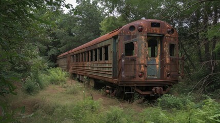 Fototapeta premium Forgotten Relic: Abandoned Train Car Slowly Being Reclaimed by Nature in an Eerie Setting