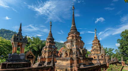 Fototapeta premium The majestic chedis of Wat Ban Den, each uniquely designed and beautifully adorned, standing tall under the clear sky
