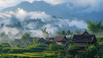The morning mist rolling over Ban Rak Thai, creating a dreamy and peaceful atmosphere in the village