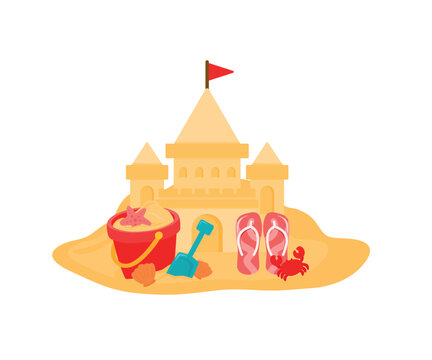 Sand castle with sand bucket and shovel vector illustration for kids summer beach holiday