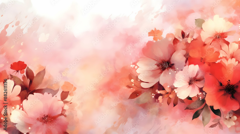 Poster Watercolor Floral Background with Pink and Red Flowers