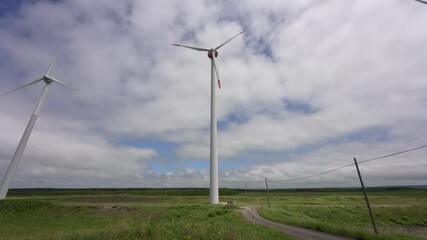 Hokkaido,Japan - July 11, 2024: Wind power generations along  Sea of Japan in Hokkaido, Japan