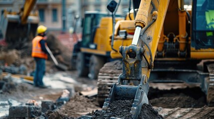 Fototapeta premium Construction workers operating heavy machinery at a construction site