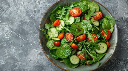Overhead shot of a vibrant mixed green salad with arugula, spinach, and kale, topped with cherry tomatoes, cucumber slices, and a light vinaigrette, natural light highlighting the fresh textures and
