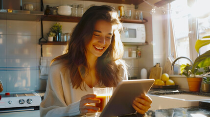 A happy woman is sitting at the kitchen table, smiling and holding a glass of morning coffee with milk in her hands. She uses a tablet computer to view news and mail