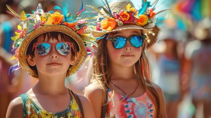 Obraz premium Two young girls wearing sunglasses and flower hats stand next to each other