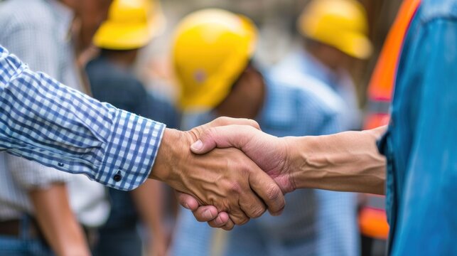 Labor union negotiators shaking hands with company representatives after an agreement
