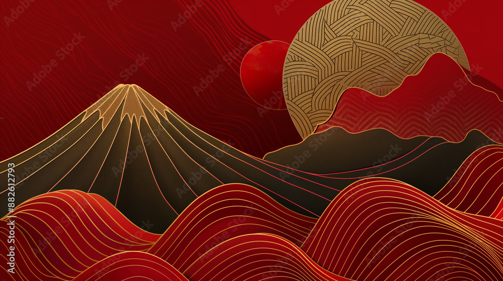 Wall mural A mountain range with a red sky and a large red moon