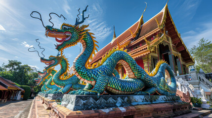 Fototapeta premium The vibrant dragon statues guarding the entrance of Wat Ban Den, with the temple's grand structure in the background