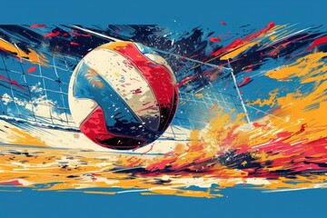 A pop art illustration capturing the excitement and intensity of volleyball.